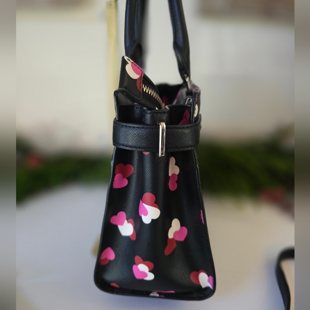 Kate Spade Medium Staci Flutter Hearts Satchel-Crossbody Black Saffiano Leather - Picture 7 of 12